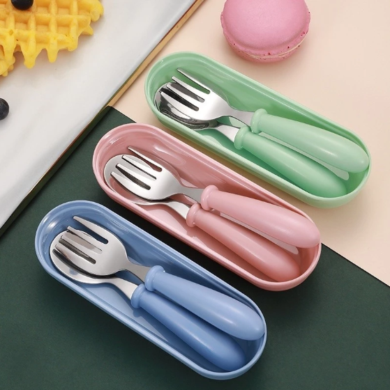 Talheres Infantil Aço Inox 304 Colher Garfo Kit Com Estojo Bebe 3 peças AnJin
