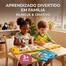 Livro Interativo Sonoro Bilíngue Infantil Português Inglês + Lousa Mágica Reutilizável + 2 Canetas Marcadoras 3+ Anos