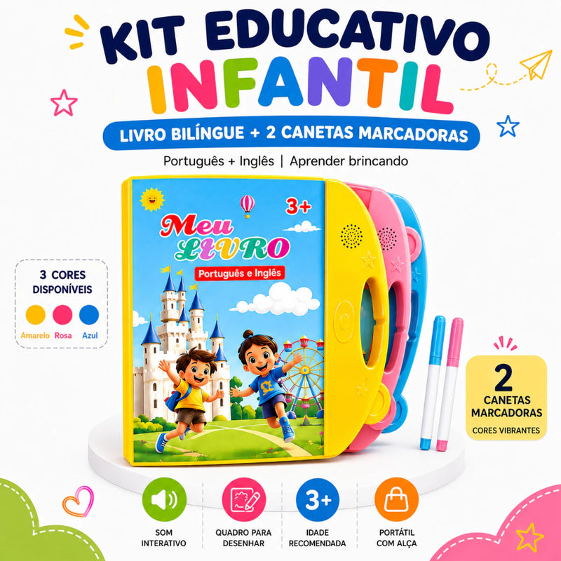 Livro Interativo Sonoro Bilíngue Infantil Português Inglês + Lousa Mágica Reutilizável + 2 Canetas Marcadoras 3+ Anos