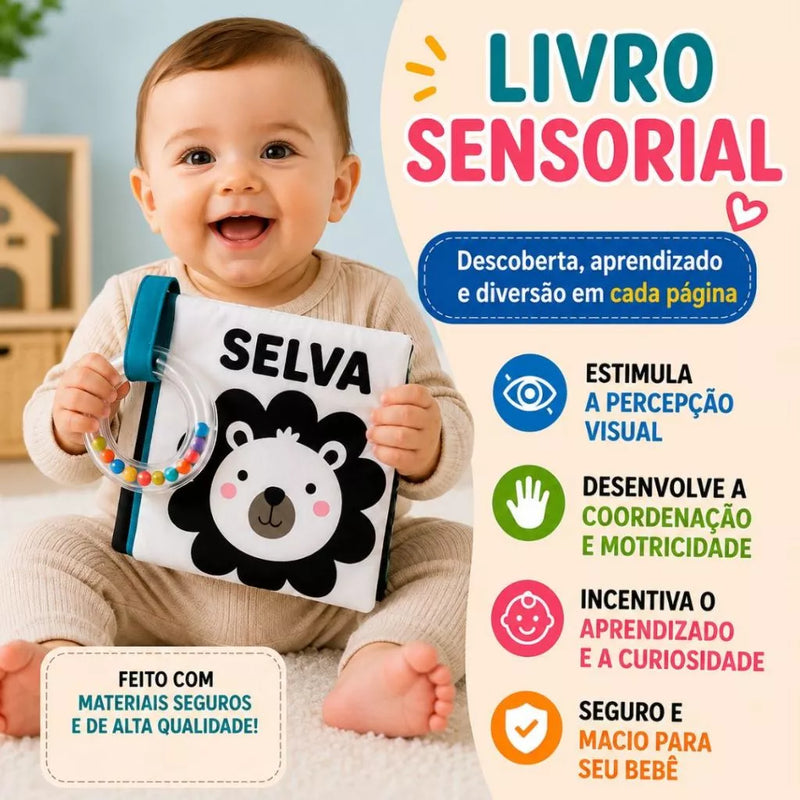 Livro De Pano Com Chocalho Baby Montessori Alto Contraste Fofos Estimula Visão e Coordenação