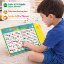 Livro Interativo Sonoro Bilíngue Infantil Português Inglês + Lousa Mágica Reutilizável + 2 Canetas Marcadoras 3+ Anos