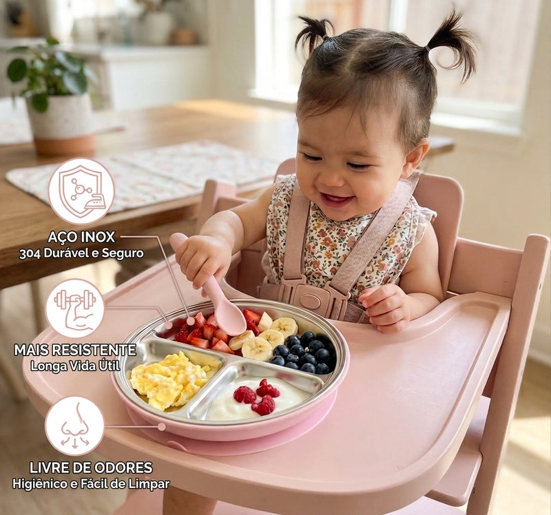 Prato Bebê Infantil Criança 3 Divisórias Inox Silicone Ventosas Alimentação Livre de BPA
